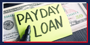 A yellow sticky note with PAYDAY LOAN written on it, placed over cash to illustrate Missouri loan alternatives.